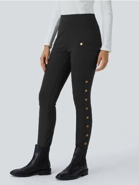HALARA Black High-Rise Skinny Ponte Pants with Gold Buttons
